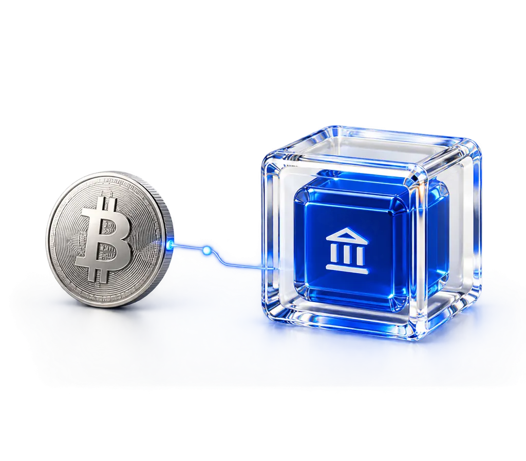 Illustration: a Bitcoin source remains connected to a glass and cobalt proof object.
