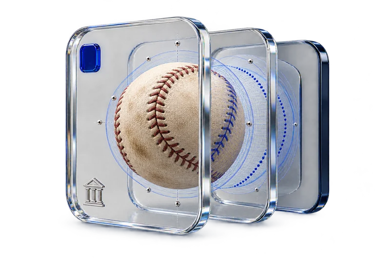 Illustrative worn baseball and its measured seam geometry held together in transparent glass proof layers.