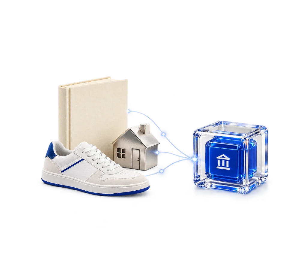 Illustration: a shoe, property and original work connect to a sealed proof object.