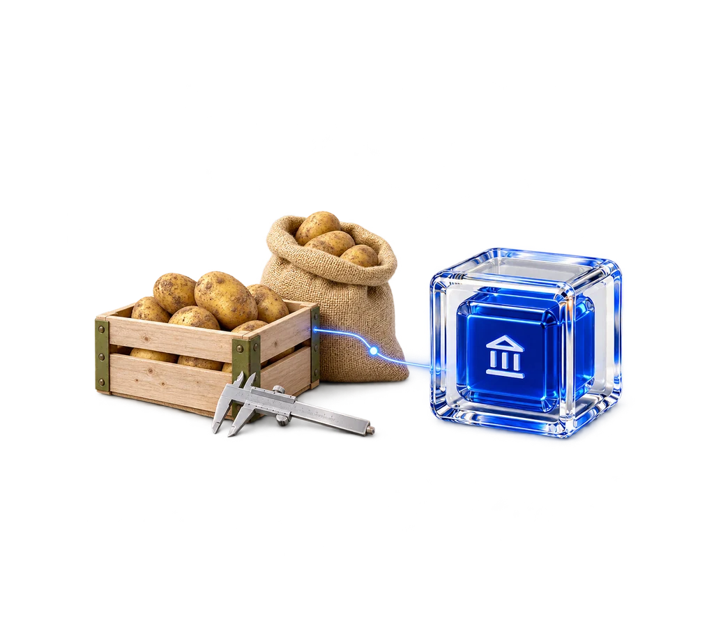 Illustration: productive goods and useful work connect to one proof object.