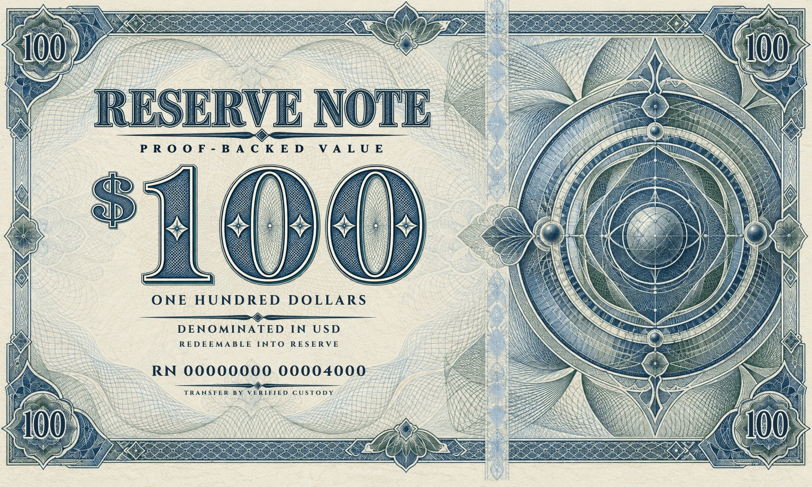 Unissued $100 Reserve Note specimen, with engraved denomination in all four corners and the words Proof-backed value