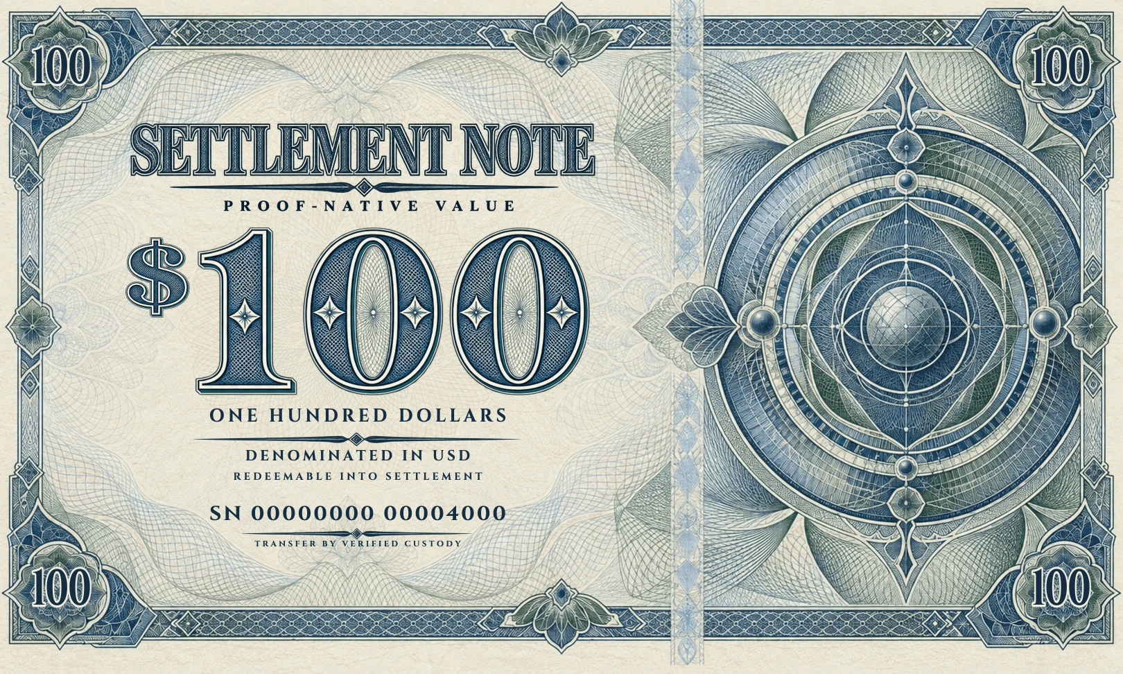 Unissued $100 Settlement Note specimen, with engraved denomination in all four corners and the words Proof-native value