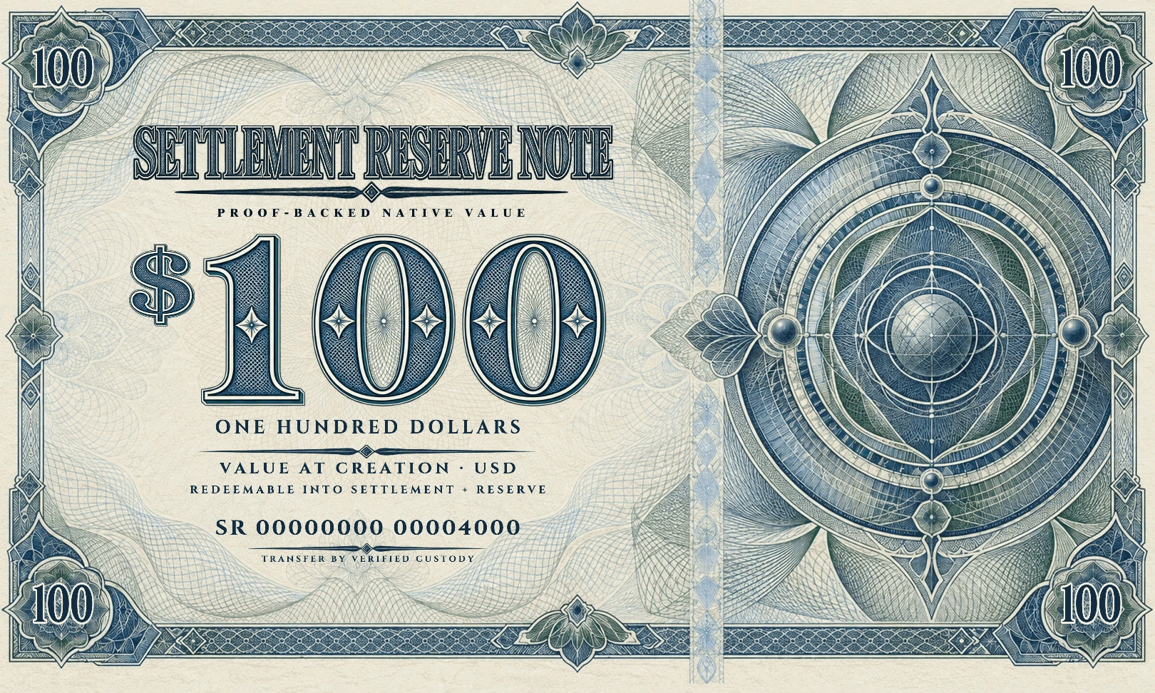 Unissued $100 Settlement Reserve Note specimen, Proof-backed Native value