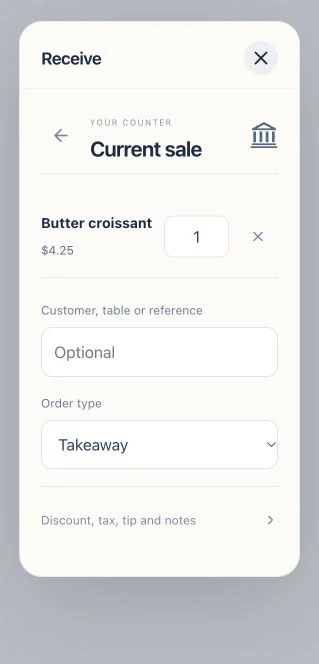 The actual cart review with an item, quantity, customer reference and exact total.