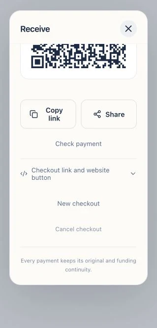 A fixed Counter checkout with its QR code, exact total and unpaid cancellation control.