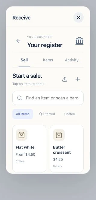 Counter Sell view with searchable offerings, categories and tap-to-add items.